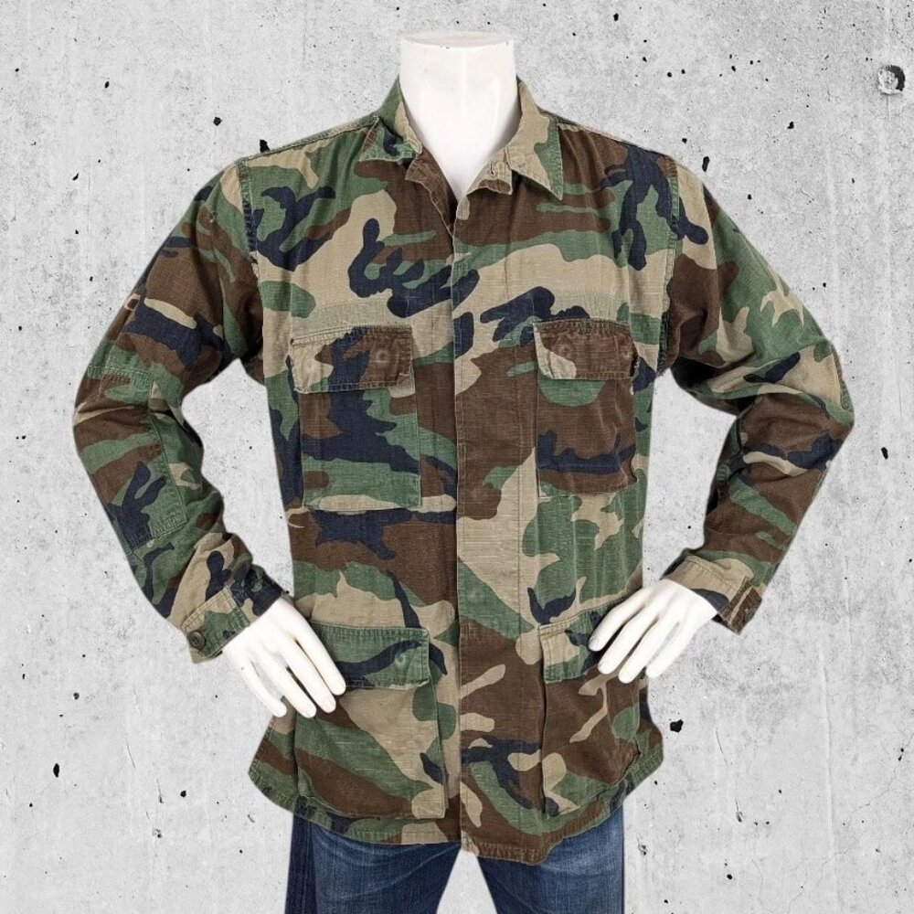 Vintage 80's Woodland Military Army Camo Coat Shirt Size Medium BDU